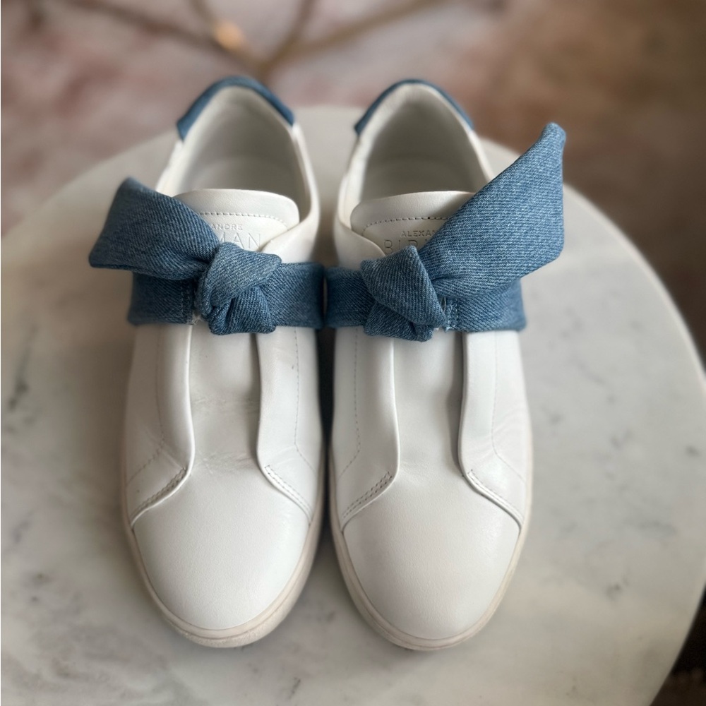 Birman! White Sneakers with Blue Denim Bow. Lightly used